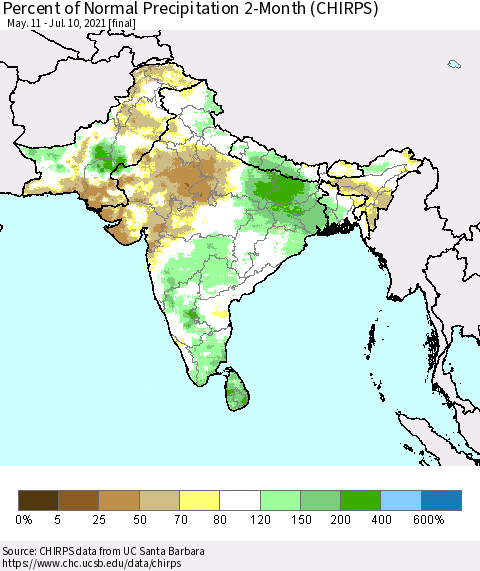 Southern Asia Percent of Normal Precipitation 2-Month (CHIRPS) Thematic Map For 5/11/2021 - 7/10/2021