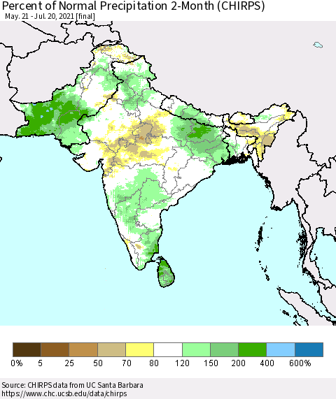Southern Asia Percent of Normal Precipitation 2-Month (CHIRPS) Thematic Map For 5/21/2021 - 7/20/2021