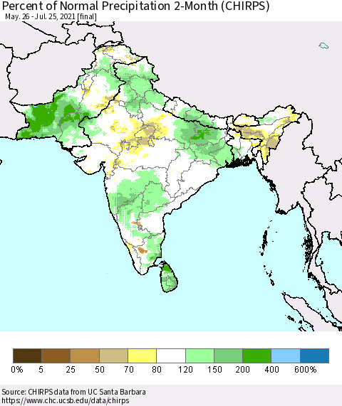 Southern Asia Percent of Normal Precipitation 2-Month (CHIRPS) Thematic Map For 5/26/2021 - 7/25/2021