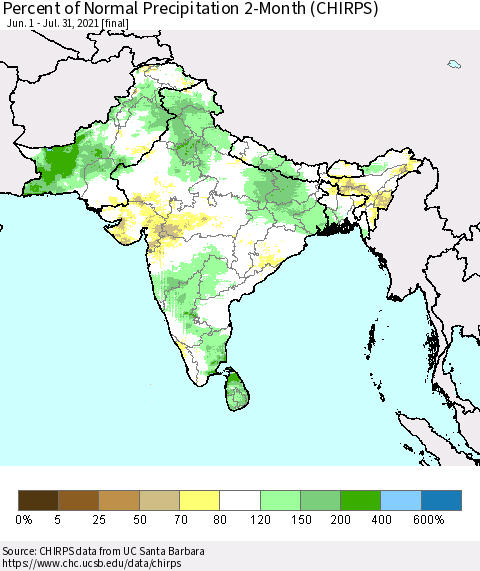 Southern Asia Percent of Normal Precipitation 2-Month (CHIRPS) Thematic Map For 6/1/2021 - 7/31/2021