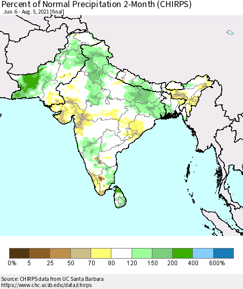 Southern Asia Percent of Normal Precipitation 2-Month (CHIRPS) Thematic Map For 6/6/2021 - 8/5/2021