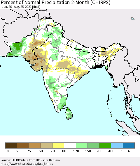 Southern Asia Percent of Normal Precipitation 2-Month (CHIRPS) Thematic Map For 6/26/2021 - 8/25/2021