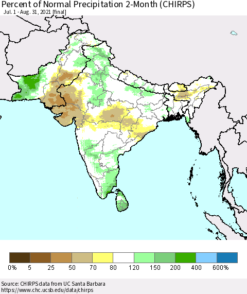 Southern Asia Percent of Normal Precipitation 2-Month (CHIRPS) Thematic Map For 7/1/2021 - 8/31/2021