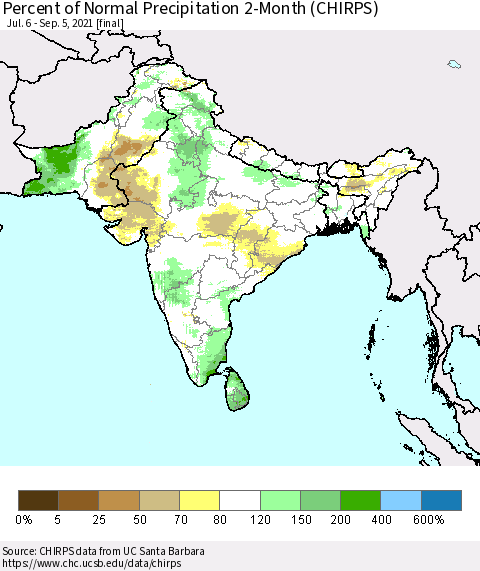 Southern Asia Percent of Normal Precipitation 2-Month (CHIRPS) Thematic Map For 7/6/2021 - 9/5/2021