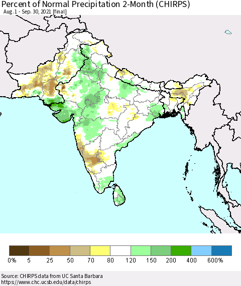 Southern Asia Percent of Normal Precipitation 2-Month (CHIRPS) Thematic Map For 8/1/2021 - 9/30/2021