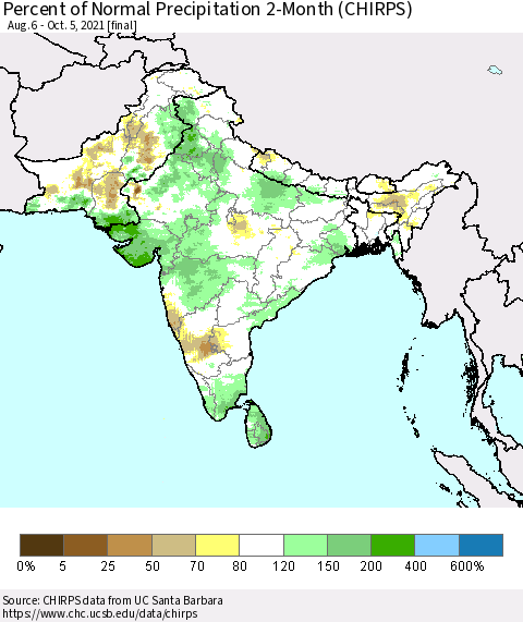 Southern Asia Percent of Normal Precipitation 2-Month (CHIRPS) Thematic Map For 8/6/2021 - 10/5/2021