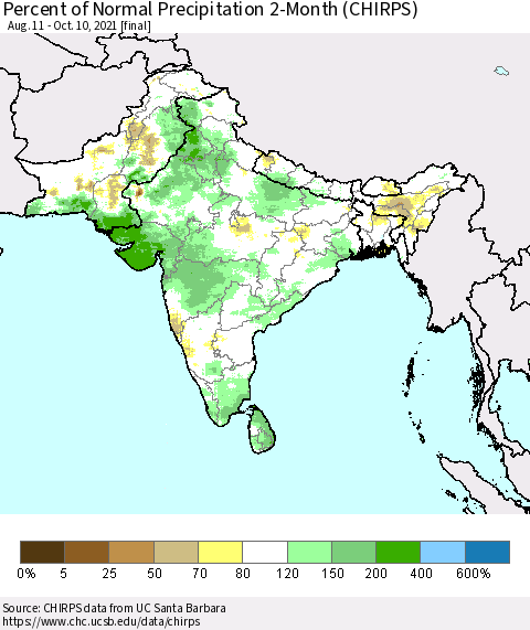 Southern Asia Percent of Normal Precipitation 2-Month (CHIRPS) Thematic Map For 8/11/2021 - 10/10/2021