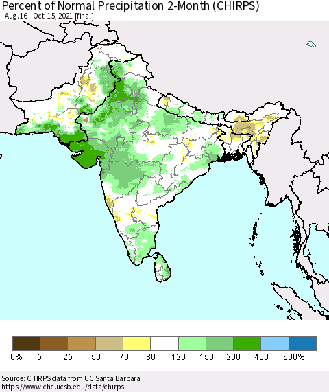 Southern Asia Percent of Normal Precipitation 2-Month (CHIRPS) Thematic Map For 8/16/2021 - 10/15/2021