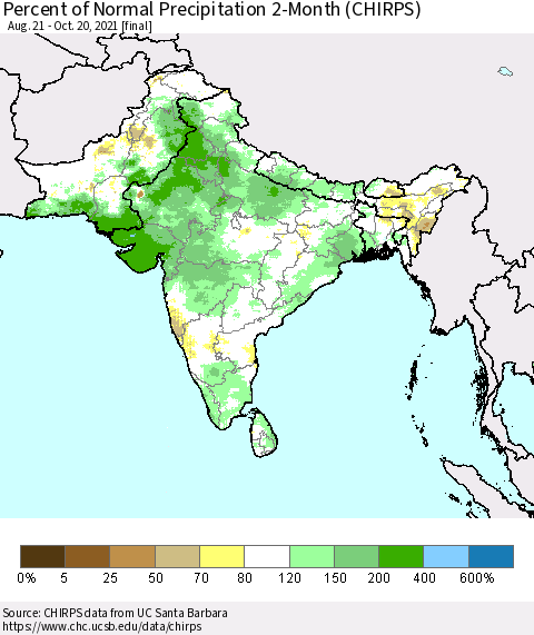 Southern Asia Percent of Normal Precipitation 2-Month (CHIRPS) Thematic Map For 8/21/2021 - 10/20/2021