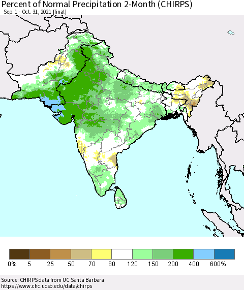 Southern Asia Percent of Normal Precipitation 2-Month (CHIRPS) Thematic Map For 9/1/2021 - 10/31/2021