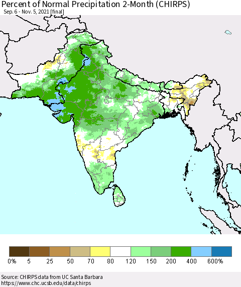 Southern Asia Percent of Normal Precipitation 2-Month (CHIRPS) Thematic Map For 9/6/2021 - 11/5/2021