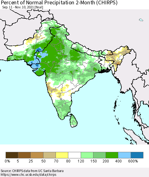 Southern Asia Percent of Normal Precipitation 2-Month (CHIRPS) Thematic Map For 9/11/2021 - 11/10/2021