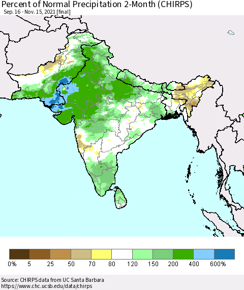 Southern Asia Percent of Normal Precipitation 2-Month (CHIRPS) Thematic Map For 9/16/2021 - 11/15/2021