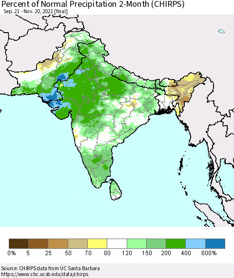Southern Asia Percent of Normal Precipitation 2-Month (CHIRPS) Thematic Map For 9/21/2021 - 11/20/2021