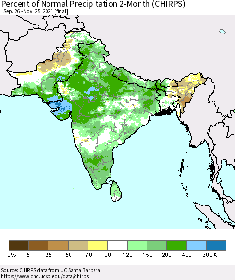 Southern Asia Percent of Normal Precipitation 2-Month (CHIRPS) Thematic Map For 9/26/2021 - 11/25/2021