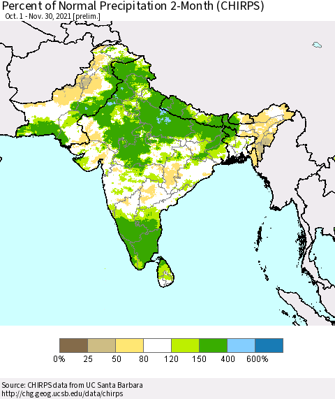 Southern Asia Percent of Normal Precipitation 2-Month (CHIRPS) Thematic Map For 10/1/2021 - 11/30/2021