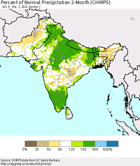 Southern Asia Percent of Normal Precipitation 2-Month (CHIRPS) Thematic Map For 10/6/2021 - 12/5/2021