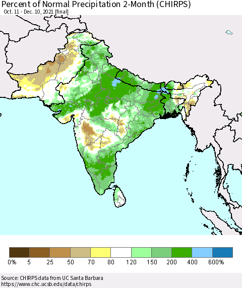 Southern Asia Percent of Normal Precipitation 2-Month (CHIRPS) Thematic Map For 10/11/2021 - 12/10/2021