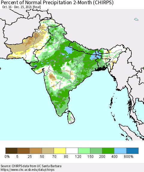 Southern Asia Percent of Normal Precipitation 2-Month (CHIRPS) Thematic Map For 10/16/2021 - 12/15/2021