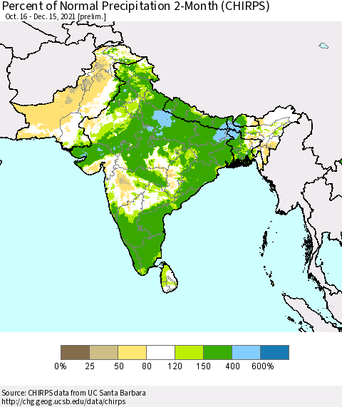 Southern Asia Percent of Normal Precipitation 2-Month (CHIRPS) Thematic Map For 10/16/2021 - 12/15/2021