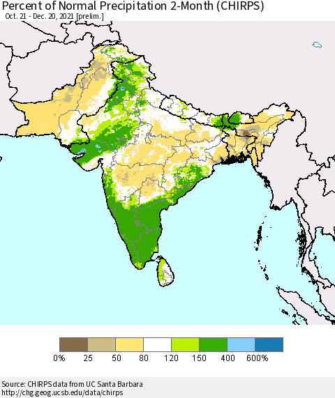 Southern Asia Percent of Normal Precipitation 2-Month (CHIRPS) Thematic Map For 10/21/2021 - 12/20/2021