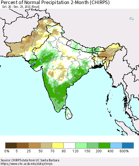 Southern Asia Percent of Normal Precipitation 2-Month (CHIRPS) Thematic Map For 10/26/2021 - 12/25/2021