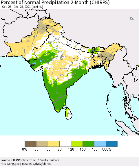 Southern Asia Percent of Normal Precipitation 2-Month (CHIRPS) Thematic Map For 10/26/2021 - 12/25/2021