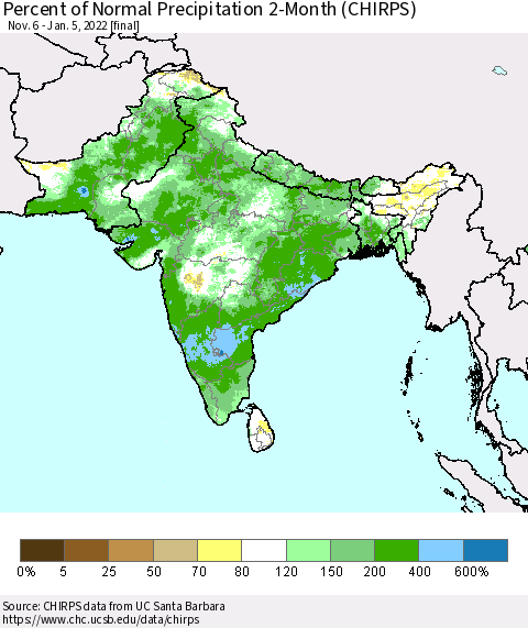 Southern Asia Percent of Normal Precipitation 2-Month (CHIRPS) Thematic Map For 11/6/2021 - 1/5/2022