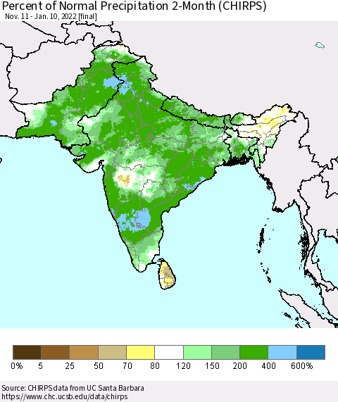 Southern Asia Percent of Normal Precipitation 2-Month (CHIRPS) Thematic Map For 11/11/2021 - 1/10/2022