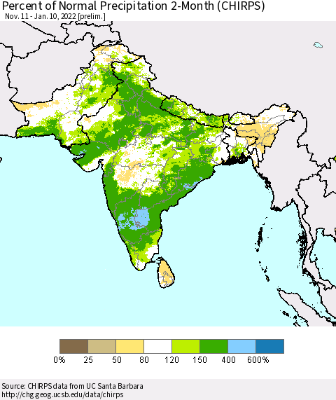 Southern Asia Percent of Normal Precipitation 2-Month (CHIRPS) Thematic Map For 11/11/2021 - 1/10/2022