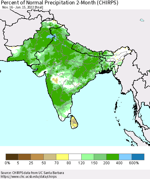 Southern Asia Percent of Normal Precipitation 2-Month (CHIRPS) Thematic Map For 11/16/2021 - 1/15/2022