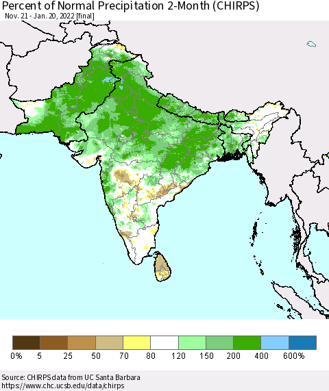 Southern Asia Percent of Normal Precipitation 2-Month (CHIRPS) Thematic Map For 11/21/2021 - 1/20/2022