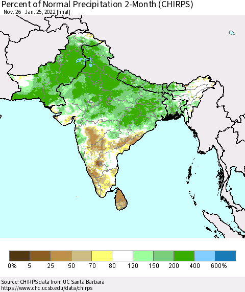 Southern Asia Percent of Normal Precipitation 2-Month (CHIRPS) Thematic Map For 11/26/2021 - 1/25/2022