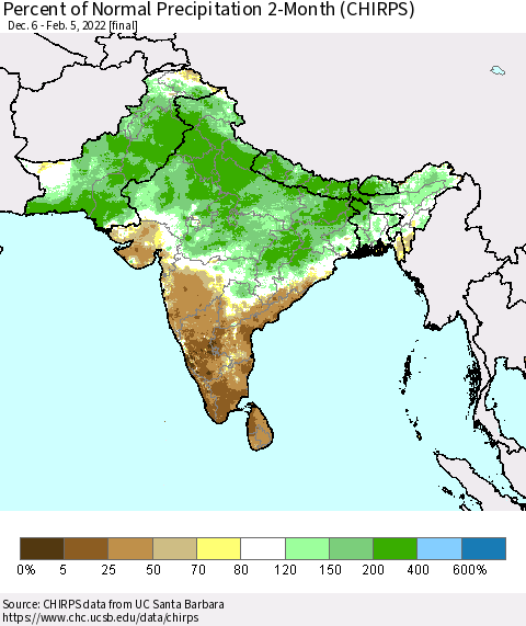 Southern Asia Percent of Normal Precipitation 2-Month (CHIRPS) Thematic Map For 12/6/2021 - 2/5/2022