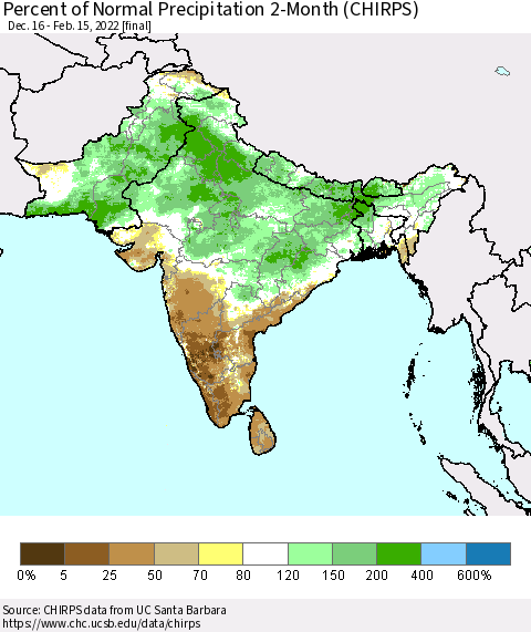 Southern Asia Percent of Normal Precipitation 2-Month (CHIRPS) Thematic Map For 12/16/2021 - 2/15/2022