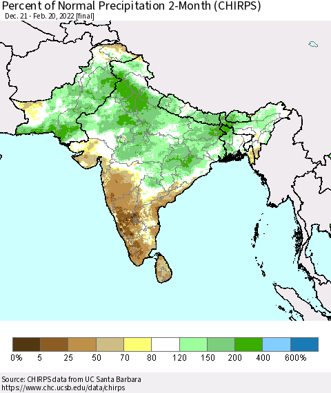 Southern Asia Percent of Normal Precipitation 2-Month (CHIRPS) Thematic Map For 12/21/2021 - 2/20/2022