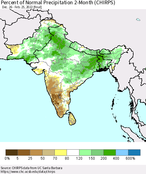 Southern Asia Percent of Normal Precipitation 2-Month (CHIRPS) Thematic Map For 12/26/2021 - 2/25/2022