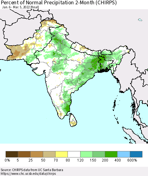 Southern Asia Percent of Normal Precipitation 2-Month (CHIRPS) Thematic Map For 1/6/2022 - 3/5/2022