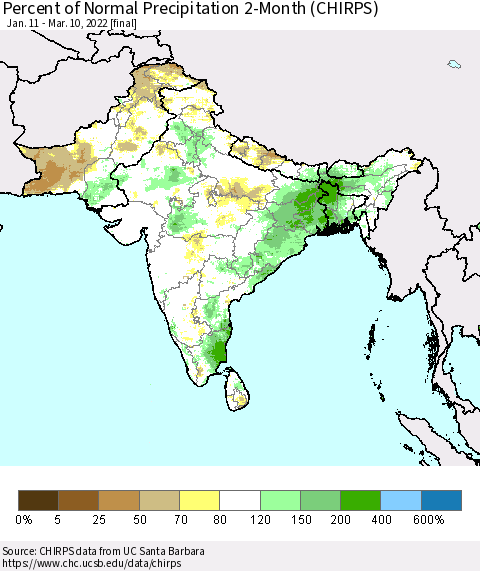Southern Asia Percent of Normal Precipitation 2-Month (CHIRPS) Thematic Map For 1/11/2022 - 3/10/2022