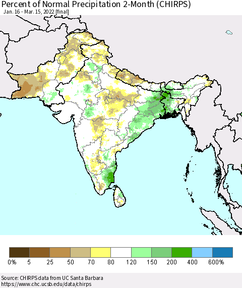 Southern Asia Percent of Normal Precipitation 2-Month (CHIRPS) Thematic Map For 1/16/2022 - 3/15/2022