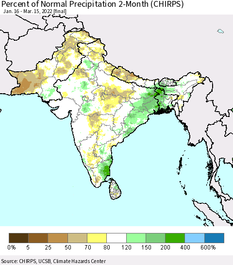 Southern Asia Percent of Normal Precipitation 2-Month (CHIRPS) Thematic Map For 1/16/2022 - 3/15/2022