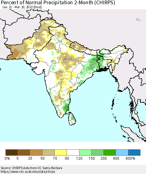 Southern Asia Percent of Normal Precipitation 2-Month (CHIRPS) Thematic Map For 1/21/2022 - 3/20/2022