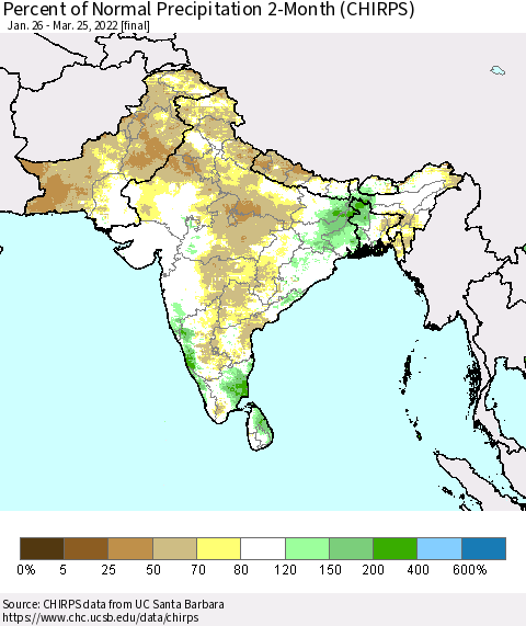 Southern Asia Percent of Normal Precipitation 2-Month (CHIRPS) Thematic Map For 1/26/2022 - 3/25/2022