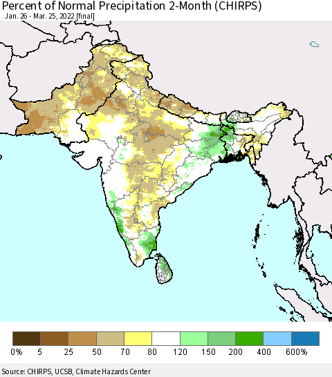 Southern Asia Percent of Normal Precipitation 2-Month (CHIRPS) Thematic Map For 1/26/2022 - 3/25/2022