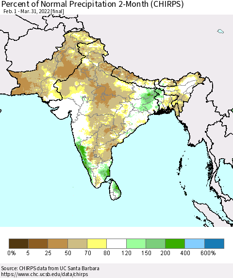Southern Asia Percent of Normal Precipitation 2-Month (CHIRPS) Thematic Map For 2/1/2022 - 3/31/2022