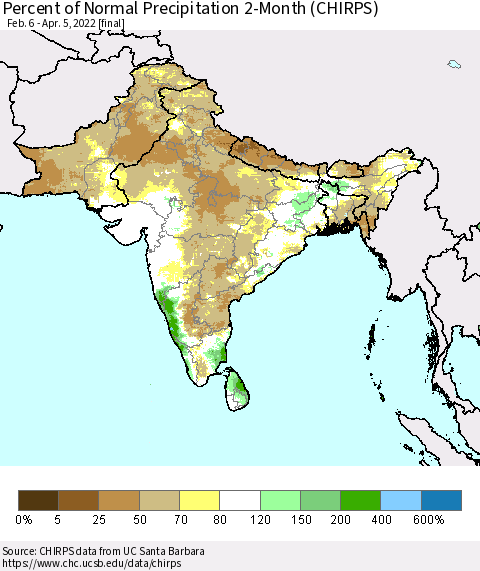 Southern Asia Percent of Normal Precipitation 2-Month (CHIRPS) Thematic Map For 2/6/2022 - 4/5/2022