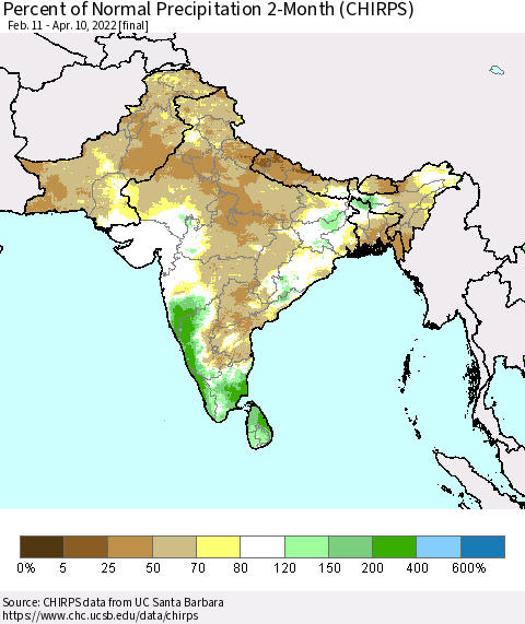 Southern Asia Percent of Normal Precipitation 2-Month (CHIRPS) Thematic Map For 2/11/2022 - 4/10/2022