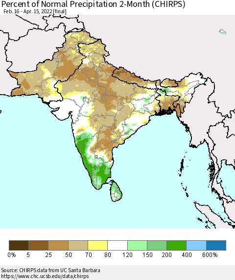 Southern Asia Percent of Normal Precipitation 2-Month (CHIRPS) Thematic Map For 2/16/2022 - 4/15/2022