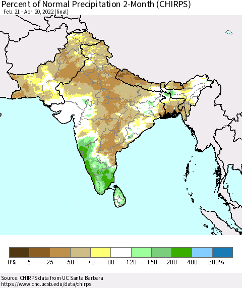 Southern Asia Percent of Normal Precipitation 2-Month (CHIRPS) Thematic Map For 2/21/2022 - 4/20/2022