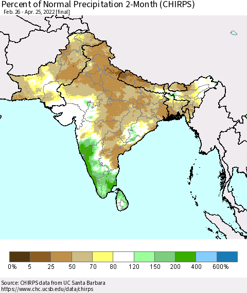 Southern Asia Percent of Normal Precipitation 2-Month (CHIRPS) Thematic Map For 2/26/2022 - 4/25/2022